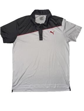 Puma mens Dry Cell golf polo short sleeve shirt Sz M Grey White Red stitch logo